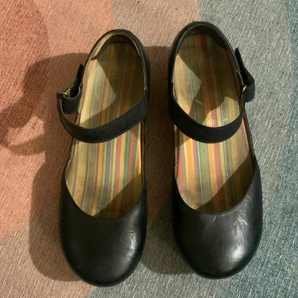 Dansko Black Leather Mary Jane Platforms with Strap